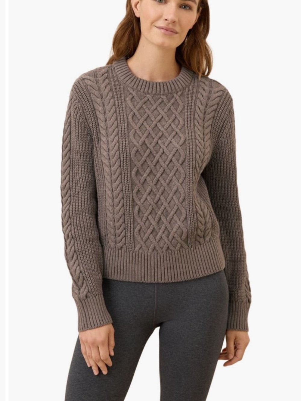 Pact Organic Cable Knit Crewneck Sweater - Taupe